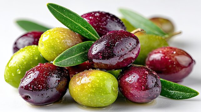 Green and purple olives on white background, Mediterranean fruit for healthy food, oil or culinary ingredient design