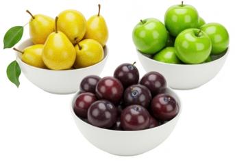 A vibrant assortment of fresh pears, green apples, and plums in white bowls isolated on transparent background