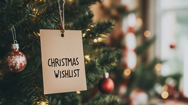 Christmas Wishlist: A rustic tag hangs from a decorated tree, adorned with ornaments and twinkling lights, inviting dreams and holiday anticipation. - Powered by Adobe