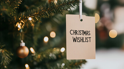 Holiday Wishlist: A Christmas tree with a hanging tag labeled "Christmas Wishlist." Decorations and lights add to the festive holiday atmosphere.