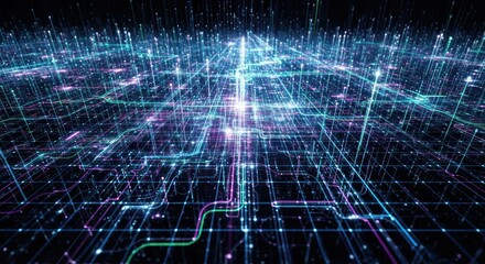 Abstract digital network visualization displays interconnected lines and glowing dots, creating a futuristic data grid.