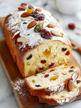 Delicious homemade fruitcake sprinkled with icing sugar and topped with nuts and candied fruit