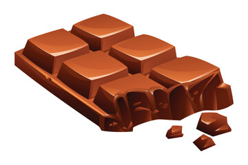 Delicious chocolate bar with a bite taken out, showing the rich brown texture. Sweet treat for dessert. Vector cartoon illustration