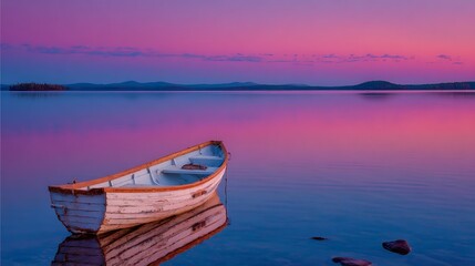 Fototapeta premium Chic Lone Boat on Lake at Twilight with Colorful Sky 