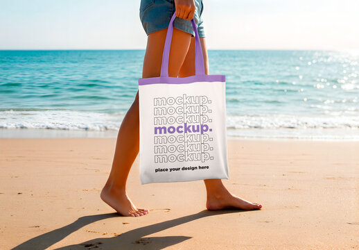 Woman Walking on Beach with Canvas Tote Bag Mockup
