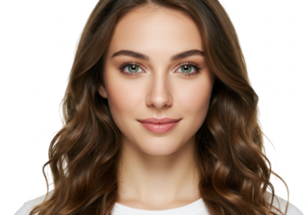 A beautiful young woman with wavy brown hair is posing for a portrait isolated on transparent background