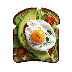 Single slice of avocado and egg toast with charred edges, bright and appetizing food composition in clean top-side perspective PNG