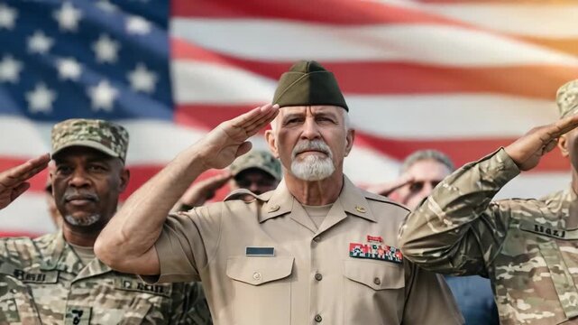 Group of Soldiers and Veterans Saluting at American Flag Ceremony