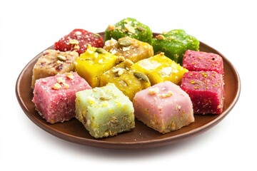 Mixed color indian desserts Burfi plate dish traditional.