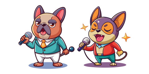 Cute Cartoon French Bulldog Singing Karaoke with Microphone Dramatically Eyes Closed, Funny Music Pet Illustration on White Background Vector Design