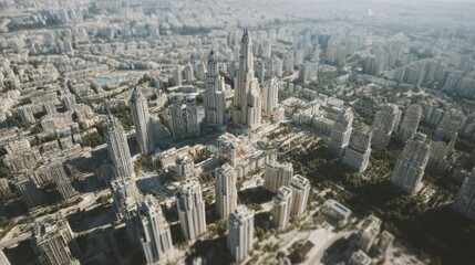 Detailed aerial view of a modern city with towering skyscrapers architecture