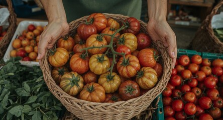 Hands holding a large basket of freshly harvested colorful heirloom tomatoes at a vibrant farmers market.