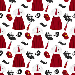Seamless Pattern of Indonesian Elementary School Uniform. Red and White Outfit with Cap and Tie