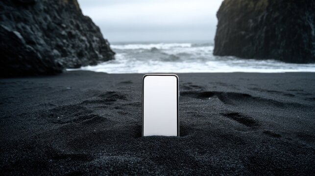Smartphone buried in black sand beach