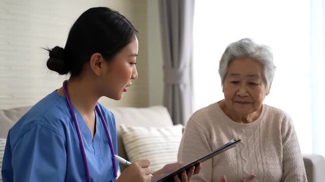 A nurse consults with an elderly patient