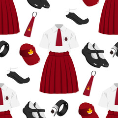 Seamless Pattern of Indonesian Elementary School Uniform. Red and White Outfit with Cap and Tie
