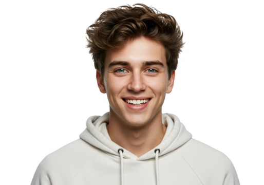 Handsome young man with brown hair is isolated on transparent background, smiling in a studio portrait