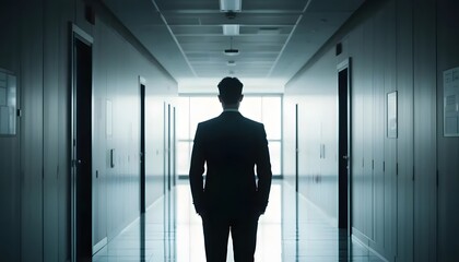 Fototapeta premium Businessman walking in office hallway corporate leadership success concept image