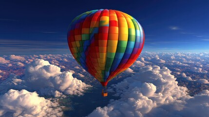 Naklejka premium A colorful hot air balloon floats high above the clouds on a clear day with a deep blue sky