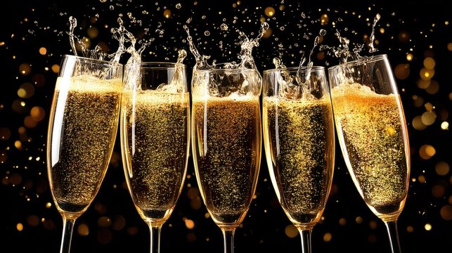 Celebration with five champagne glasses filled with sparkling wine and bubbles - Powered by Adobe