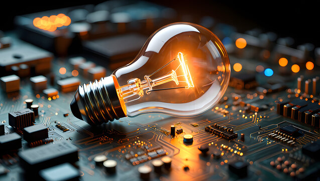 Close-up of a blue light bulb on a computer keyboard, illuminating a digital circuit board and electronic components - Powered by Adobe