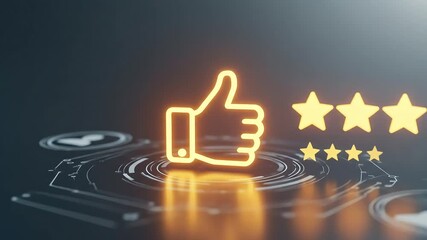 A glowing thumbs-up icon surrounded by digital elements, symbolizing approval and satisfaction, with stars representing ratings in a futuristic setting - Powered by Adobe
