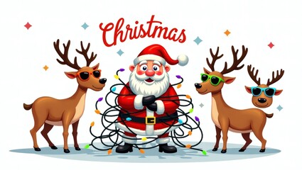 Funny Christmas Scene with Santa Claus Tangled in Holiday Lights and Reindeer Wearing Sunglasses – Snow Falling, Bright Colors, Cartoon Illustration Style on White Background