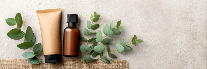 Cosmetic bottles with eucalyptus flowers towels and linen on pastel background top view flat lay natural organic skincare and spa concept perfect for beauty product branding body care wellness design