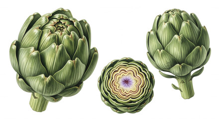 Obraz premium Three fresh green artichokes one cut open showing layers and purple flower isolated on transparent background