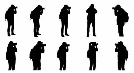 Photographer Taking Picture Silhouette Set – Camera and Shooting Poses in Vector Style on White Background