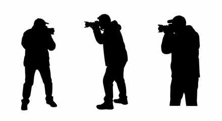 Photographer Taking Picture Silhouette Set – Camera and Shooting Poses in Vector Style on White Background