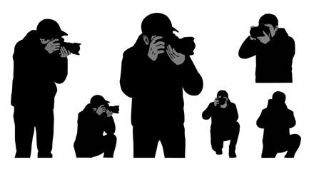 Photographer Taking Picture Silhouette Set – Camera and Shooting Poses in Vector Style on White Background