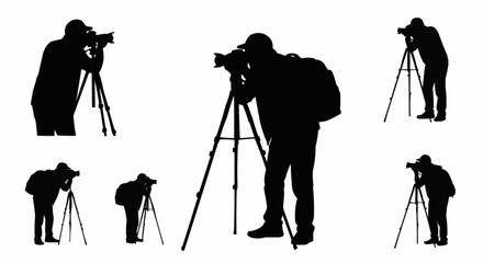Photographer Taking Picture Silhouette Set – Camera and Shooting Poses in Vector Style on White Background