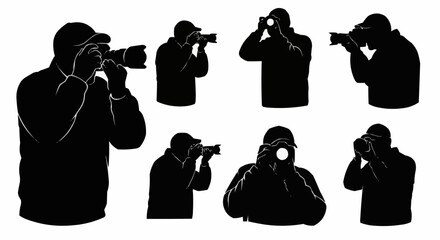 Photographer Taking Picture Silhouette Set – Camera and Shooting Poses in Vector Style on White Background