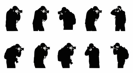 Photographer Taking Picture Silhouette Set – Camera and Shooting Poses in Vector Style on White Background