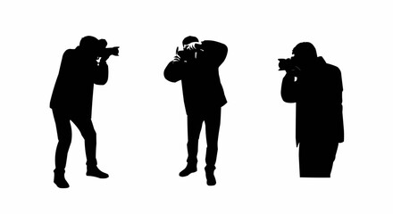 Photographer Taking Picture Silhouette Set – Camera and Shooting Poses in Vector Style on White Background