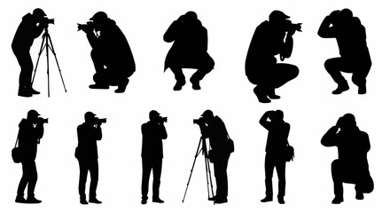 Photographer Taking Picture Silhouette Set – Camera and Shooting Poses in Vector Style on White Background