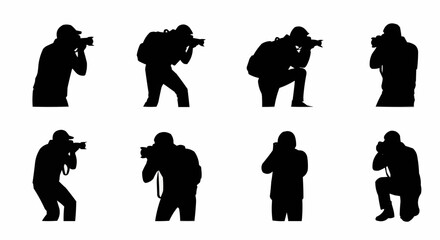 Photographer Taking Picture Silhouette Set – Camera and Shooting Poses in Vector Style on White Background