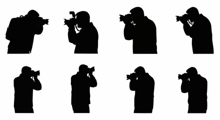 Photographer Taking Picture Silhouette Set – Camera and Shooting Poses in Vector Style on White Background