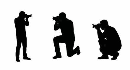 Photographer Taking Picture Silhouette Set – Camera and Shooting Poses in Vector Style on White Background