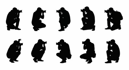 Photographer Taking Picture Silhouette Set – Camera and Shooting Poses in Vector Style on White Background