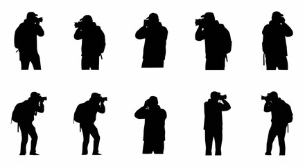 Photographer Taking Picture Silhouette Set – Camera and Shooting Poses in Vector Style on White Background