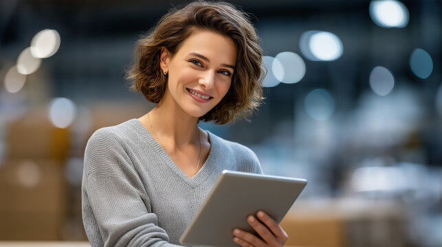 Women using tablet for logistics and stock management in office