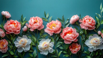 Arrangement of coral and white peonies on a teal background.