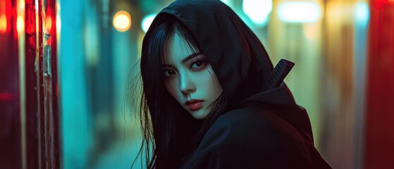 Asian woman with hood and sword in night city