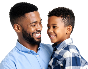 Father and son smiling, father looking at his son on a transparent background.