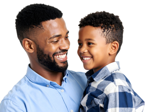 Father and son smiling, father looking at his son on a transparent background.