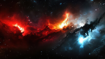 Naklejka premium Abstract cosmic space with vibrant nebulae and twinkling stars. Glowing universe concept for astronomy and science.