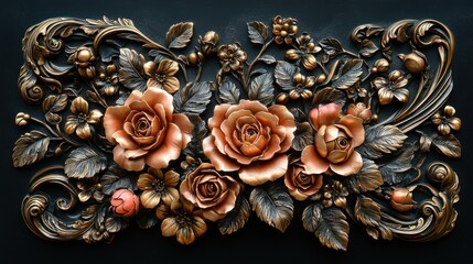 Ornate floral relief sculpture on a dark background.