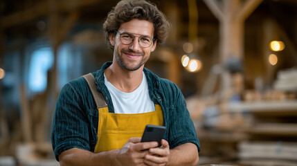 A carpenter discussing designs on a phone in gentle light